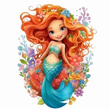 A beautiful smiling mermaid, highly detailed, long hair, beautiful flowers and coral, highly detailed tail, full body image, pixar style, clipart