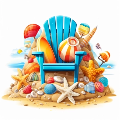 beach shore, shells, beach ball, chairs, towels, sand castle clipart