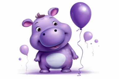 Cute carton little hippo with purple balloon, white background , in the style clipart, digital airbrushing, high resolution, children's book illustration,