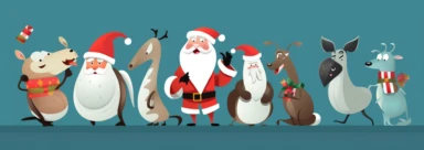 cartoon and merry christmas clipart of santa and his friends â€ , in the style of flat illustrations, 3840x2160, realistic forms, depictions of animals, theatrical gestures, dark cyan and white, cartoon mis-en-scene