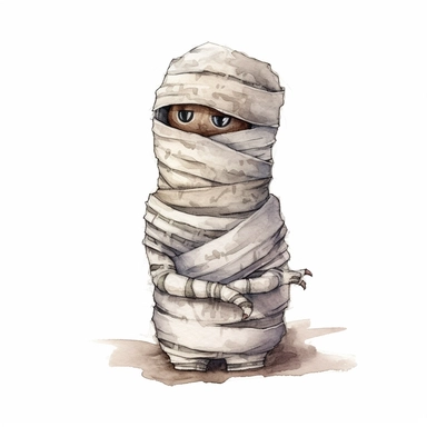 watercolor style, Mummy: A wrapped-up figure representing an ancient Egyptian mummy, depicted with bandages and glowing eyes. clipart, isolated on white background, 4K