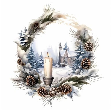 vintage design, advent wreath around, christmas theme oil paining Clipart Collection in beautiful winter landscape, advent wreath around, christmas theme, detailed, isolated, white background, one pattern