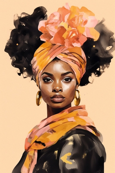 Portrait African woman wears bandana for curly hairstyles. Shenbolen Ankara Headwrap Women. Afro Traditional Headtie Scarf Turban in tribal zebra fabric design texture watercolor clipart. on pink indigo and orange watercolor texture. gold details. black background. white flowers.