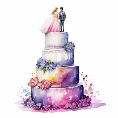 full perspective, watercolor three tier wedding cake clipart, add groom and bride figurines, vibrant colors, add flowers and glitter, on a white background
