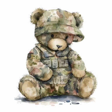 watercolor teddy bear wearing a camo clipart ar 4:5