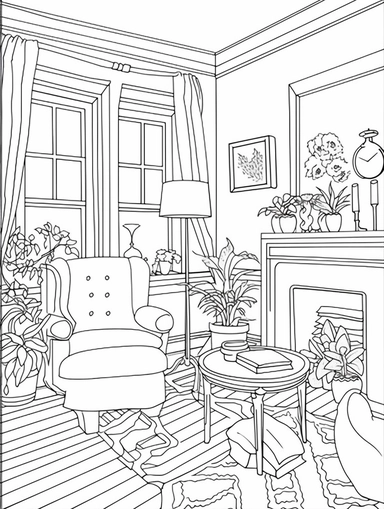 An Adult Coloring Book Featuring Fun and Relaxing Interior Home Designs with Beautifully Furnished Rooms and Welcoming Outdoor Spaces, coloring page line art, black and white clipart for coloring page, simple and clean line art, illustration style,