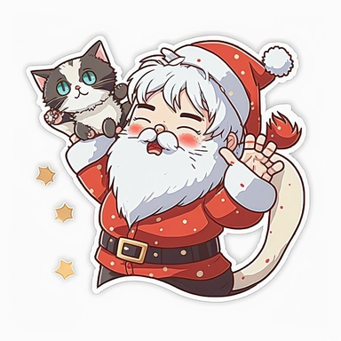 vector sticker design, anime style, unique Christmas cute cat playing with santa clipart, white background, flat colors