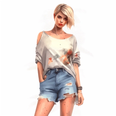 glamour model posing, short blonde hair ripped jean skirt, full length, watercolour style, fine details, 8k clipart png transparent