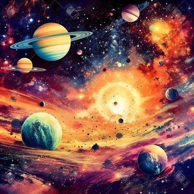 clipart A mesmerizing outer space scene where planets, stars, and galaxies come alive as celestial beings, engaging in cosmic activities such as playing interstellar instruments, painting nebulae, or riding on comets.