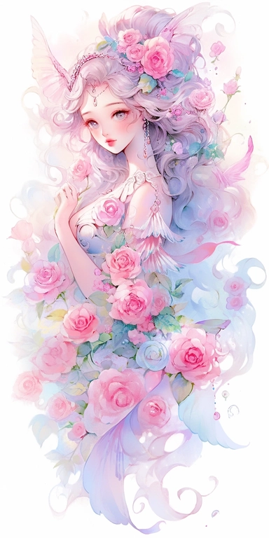 Watercolor beautiful wild roses fantasy, Mermaid girl with beautiful face and big eyes with flowers, angel wing, chibi kawaii animated style, vivid vibrant colors, intricate detail, hyper detailed, hyper quality, 32K, unreal engine, isolated on white background, kawaii, clipart