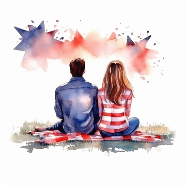 American girl and her boyfriend of 2 watching Fourth of July fireworks, sitting on blanket, view from behind, clipart, watercolor vector beautiful, isolated on white background