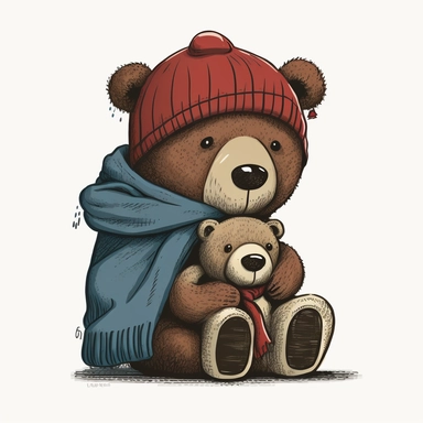cute bear vector clipart, A small, brown bear with big, sad eyes, The bear is wearing a red scarf and a blue hat, The bear is holding a teddy bear in its arms, The bear's mouth is turned down in a frown, The bear looks like it needs a friend