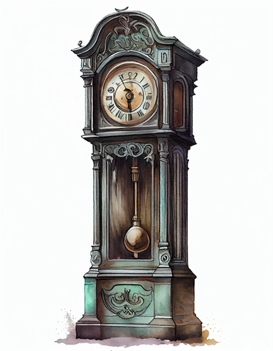 detailed watercolor vintage grandfather clock, realistic, isolated on white backgorund, clipart