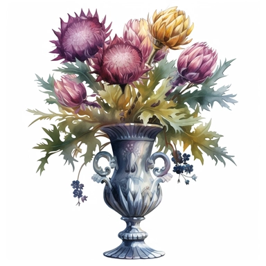 a watercolor of a realistic multicolored thistles bouquet in a victorian vase, victorial style, vector free clipart illustration, in the style of unreal engine 5, 32k uhd, detailed features, white background
