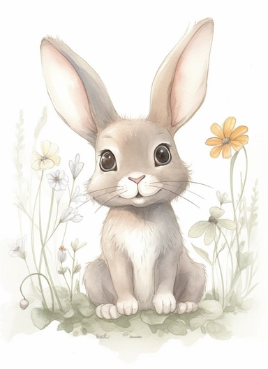 a super cute and frendly looking spring bunny, in the style of magali villeneuve, jon j muth, carl larsson,,smiling, with big eyes, dreamy world, closest to watercolor illustrations, soft color palette with ligh beige and gray, children's illustrations, solid white background, clipart