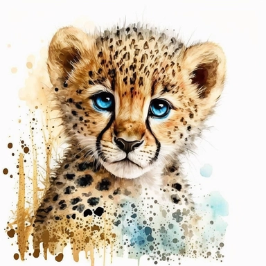 watercolor cute cheetah cub with bright blue eyes, animal illustrations, appropriation artist, aquarellist, album covers, disney animation, light maroon and light gold, precisionist art , clipart--ar 107:158