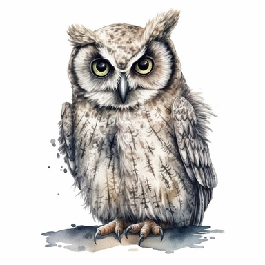 A Cute Happy Owl Sitting.Watercolor hyper-realistic detailed animal illustrations, elegant inking techniques, delicate markings, monochromatic paintings, free brushwork, watercolor illustrations, painted illustrations Clipart, White Background