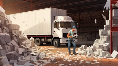 a truck driver checks into a digital tablet on a warehouse dock, dirty stacks of paper litter the floor on the wall behind him, clipart and cutout photos collage combined with vector illustrations