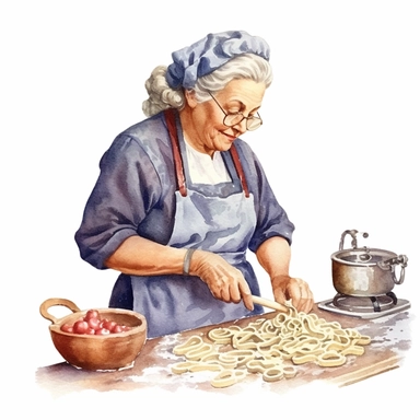 highly detailed and realistic watercolor country rustic vintage italian grandmother cooking pasta in the kitchen, clipart, white background