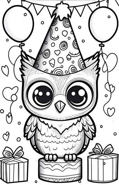 a cute and happy owl's birthday, black and white clipart for a kids coloring page, thin black lines, simple details, accurate features, illustration style