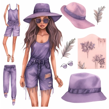 mauve, watercolor, summer vacation, black women, boho, clothing, clipart set