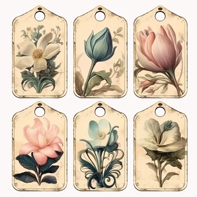 victorian number tags, clipart, isolated, with boquet of magnolia flower and delicate vines