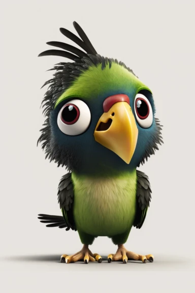 no text, 3d whole body clipart of a smiling, friendly parrot, cartoon network style, friendly face, head unproportionally bigger than body, detailed body shape, front shot, insanely big shiny eyes, caricatured face, insanely glossy, plastic like fur and skin, light background, unrealistic, 8k photography, cinematic, super cute face, Photography, Ultra-Wide Angle, Depth of Field, hyper-detailed, beautifully color-coded, insane details, intricate details, Unreal Engine, Cinematic, Editorial Photog