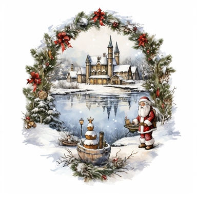 vintage design, advent wreath around oil paining Cute santa claus carries a thick filled sack on his back Clipart Collection in beautiful winter landscape with a lot of snow and a small lake and a small town with church, , christmas theme, advent wreath around, christmas theme, detailed, isolated, white background, one pattern