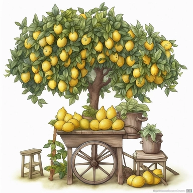 lemonade stand, standing jar of lemonade, realistic, detailed, on wheels, lemon tree on second plan, clipart
