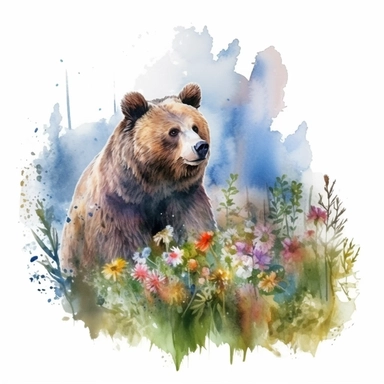 detailed watercolor clipart, photography style, beautiful bear, in a meadow, HDR, spring floral,self shadow, white background