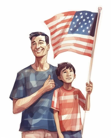father and son holding a usa flag clipart , in the style of social and political commentary, joyful and optimistic, manapunk, red and blue, watercolor style
