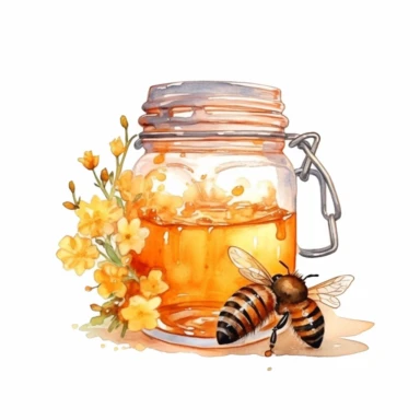 Light watercolor honey bee eating from beauty jar with honey, flowers realistic clipart on white backround