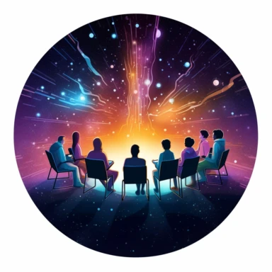 a clipart style image showing an aerial, circular view of human figures sitting in a circle having a conversation. The background is a galaxy starscape