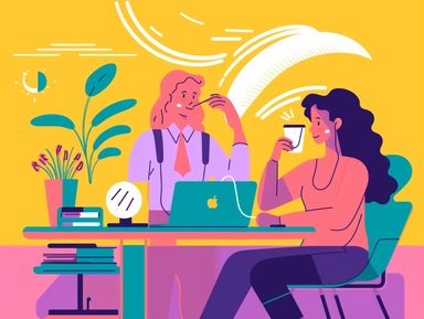 clipart scene of a diverse office staff working together in an office, Alegria style, corporate memphis style, flat art, bold colors, upbeat, happy, friendly, high resolution, 8k
