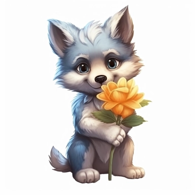 Cute Beautiful wolf holding a flower Sublimation Clipart, Cartoon, hyper realistic, intricate detail, 8k, high definition, illustration style, high solution, on the white background