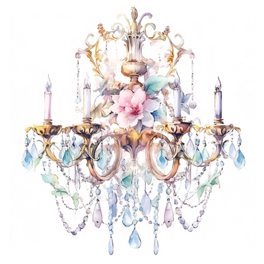 Make a clipart of a shabby chic, fairytale watercolor victorian chandelier, rococo, hd, white background