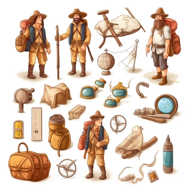 Design a set of adventurous clipart images, depicting explorers, treasure hunters, and adventurers in various exciting scenarios. Include elements like maps, compasses, binoculars, and backpacks to set the stage for thrilling journeys.