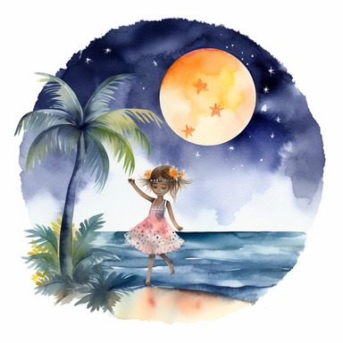 watercolour, tropical island setting, showcase an adorable little polynesian hula girl (aged 8) she is dancing under the moonlight on the beach with full moon and twinkling stars above, she is happy, she has tropical beautiful flowers in her hair, the feeling is magical, clipart style