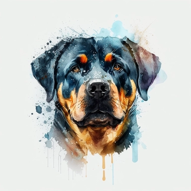 the Rottweiler is painted beautifully with watercolor splashes, in the style of light azure and dark amber, uhd image, avacadopunk, ferrania p30, elegant, emotive faces, high resolution, symmetrical, white background, no overflow, clipart