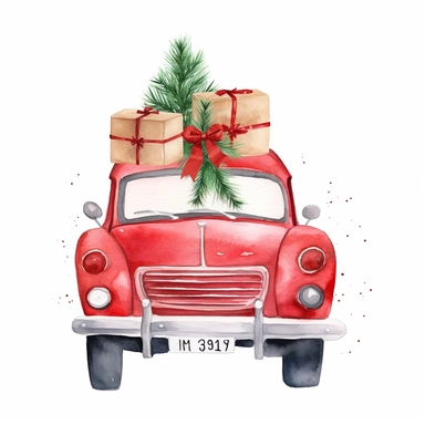 Red Christmas Truck clipart Decoration on white background, watercolor bright high resolution