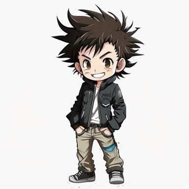 a laughing 5 year old boy anime character with black jacket and blue eyes, clipart on white background, full body