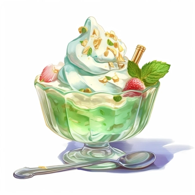 a drawing of a dessert featuring candy and whipped cream, icecream sundae, green mint, glass bowl, in the style of pastel toned, shiny/glossy, fantasy realism, caffenol developing, warmcore, #screenshotsaturday, rubens, white background, isolated, free brushstrokes, watercolor illustration, clipart,