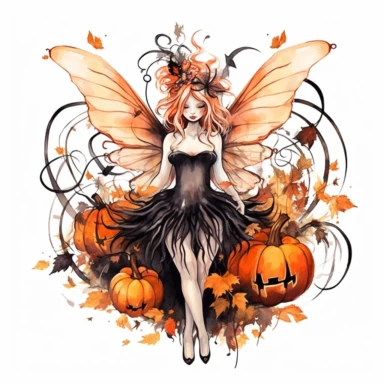 watercolor style Halloween fairy, clipart, large orange,wings, black white stripes, pumpkin, isolated on white background, in the style of Amy Brown, beautiful fall floral, bright color, crisp lines, chaos 8