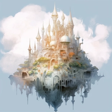 magical ethreal foating city , Takehisa Yumeji's art style, soft, glowing ,watercolour, clipart, isolated clipart, white background
