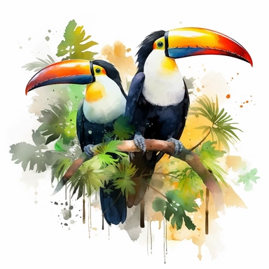 Two Toucans sitting proudly on a branch in the forest, looking off into the camera, with a few tropical plants and leaves framing the scene, vivid colors, watercolor by Thomas W. Schaller, clipart, solid background, no watermark, 8k