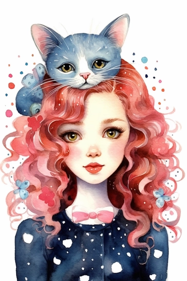 cute cartoon young woman with cat and gorgeous red blue and cream curly long hair bedecked with a cute dots bow and pink glitter details, with miniature roses on her head, portrait, daydream expression in watercolor form, sarah kay and holly hobbies, clip art, watercolor, smiling, soft pastel colors, black background,