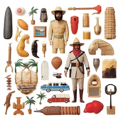 a set of clipart inspired by Wes Anderson and Raiders of the Lost Ark and travel and colonialism and stolen cultural relics and 1980s action figures