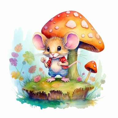 Whimsical Wonderland, clipart, cute mouse character, vibrant colours,Watercolor, Detailed, sweet, majestic, high resolition, isolated on a white background