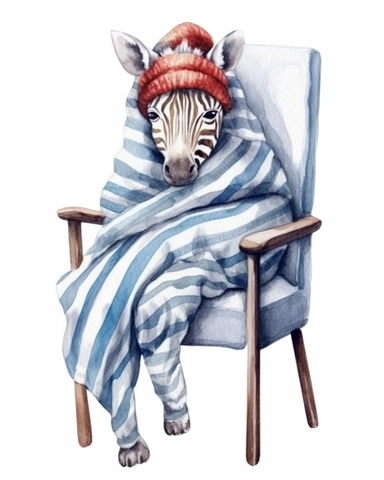 detailed watercolor Baby Zebra on a chair with scarf , hyper realistic, isolated on a white background, clipart