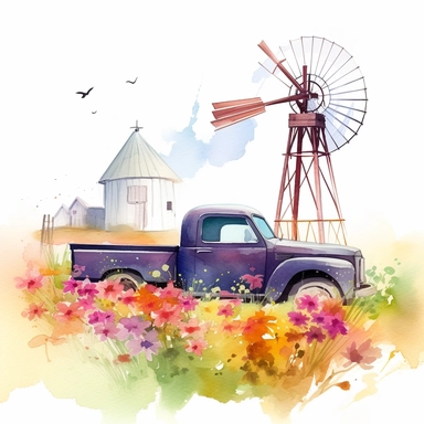 Visualize a clipart-style watercolor illustration of a close up of detailed pickup truck parked by a windmill, surrounded by wildflowers on a summer day, set against a clean white background. Use bright, pastel colors, ensuring the colors pop against the stark white backdrop. Use leading lines from the truck's body and the windmill's structure to draw attention towards the truck's vibrant colors and the rustic charm of the ranch scene. The composition should place the pick up truck centrally, em